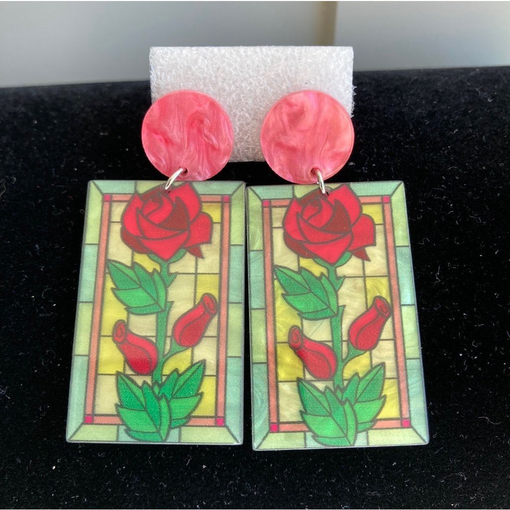 Red Roses stained glass window earrings